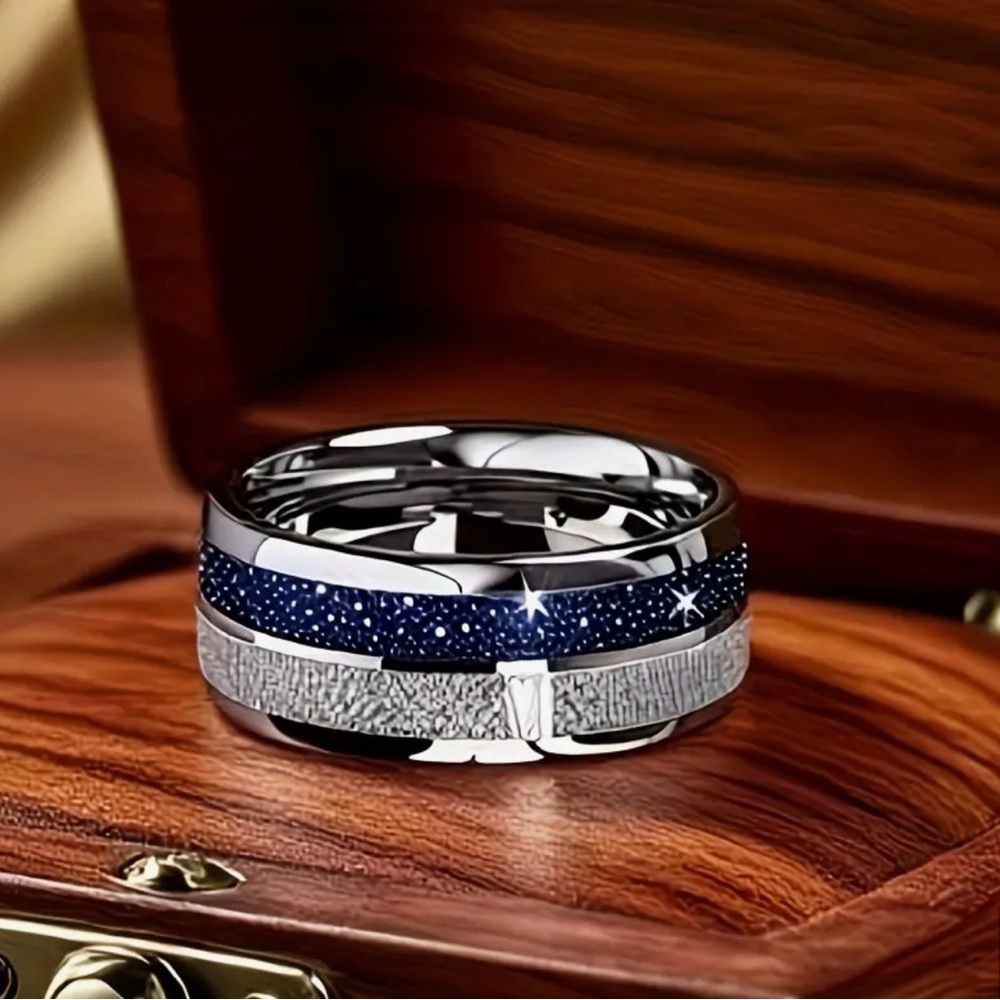 Elegant Stainless Steel Silver and Starry Sky Blue Men's Wedding Engagement Ring